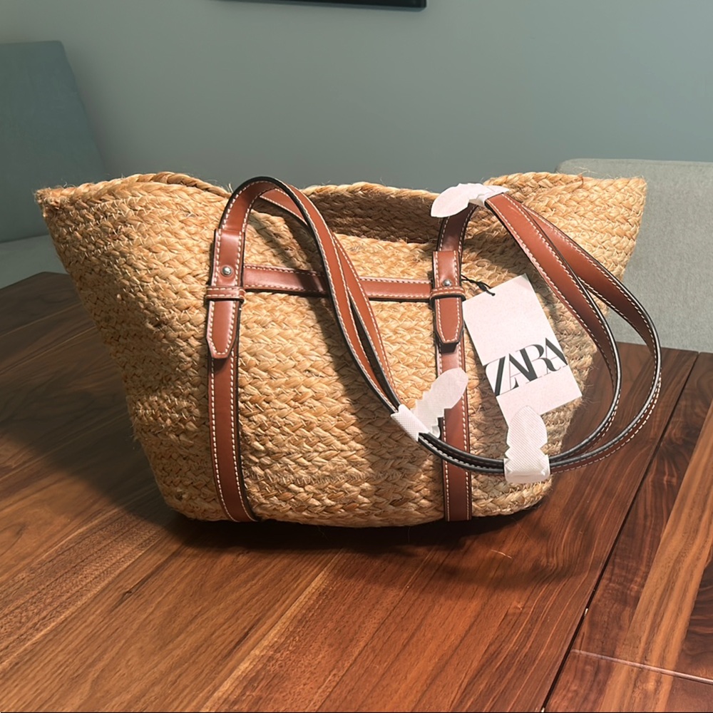 Zara Woven Tote with Brown Leather Accents